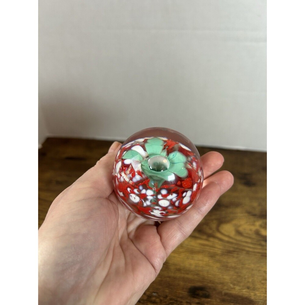 Vintage Art Glass Paperweight Floral Millefiori Red White Green Flower Orb Ball - Picture 2 of 10